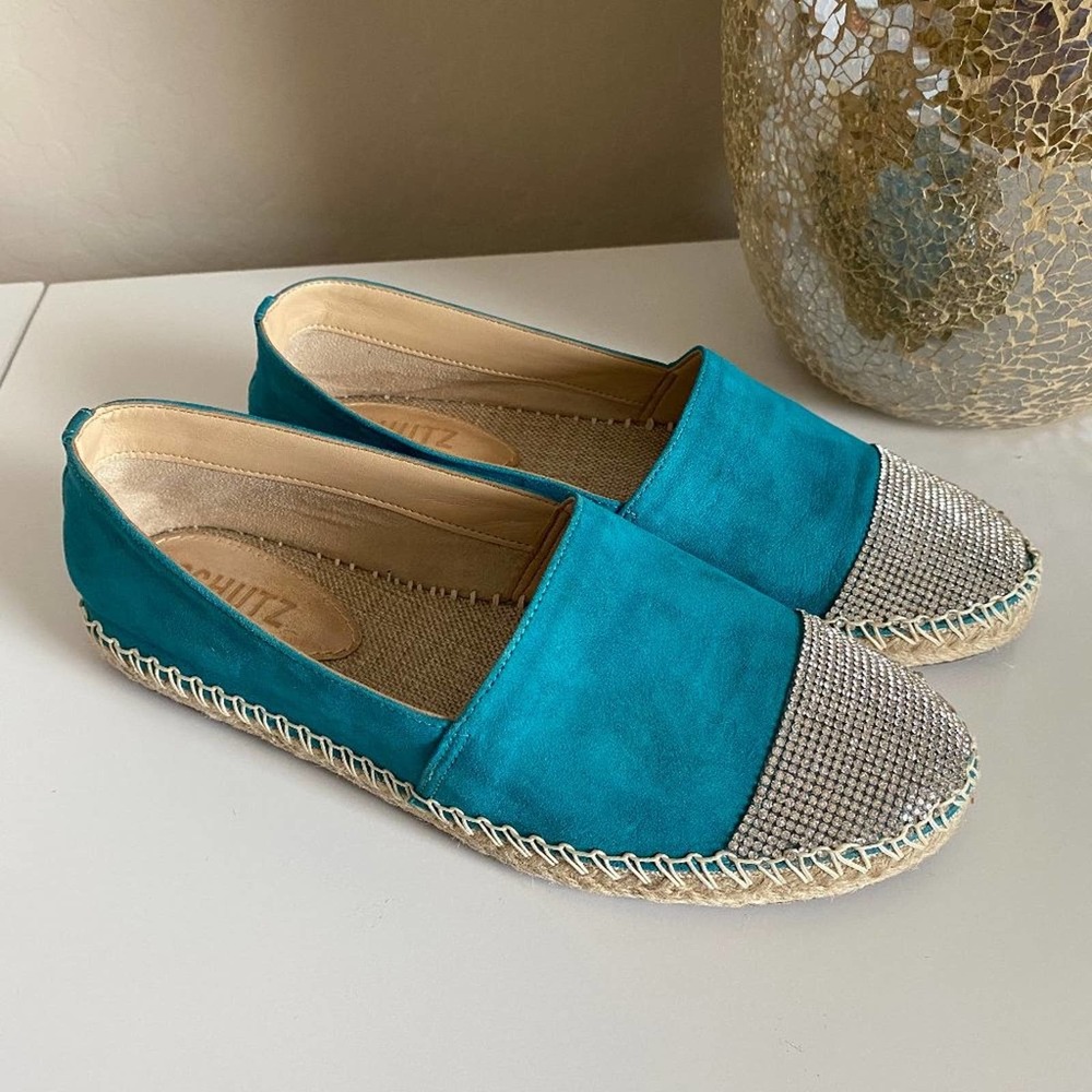 Schutz Cherie Espadrille Flats Size 7 Lake Blue Teal Suede Cap Toe Embellished